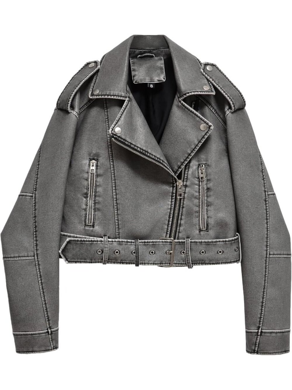 Women's Grey Faux Leather Cropped Distressed Zipper Belted Moto Biker Jacket